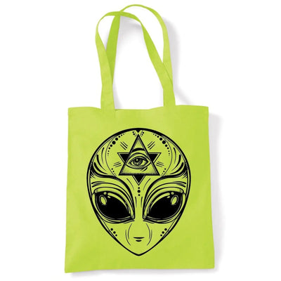 Alien Face Area 51 UFO Large Print Tote Shoulder Shopping Bag Lime Green