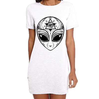 Alien Face Area 51 UFO Large Print Women's T-Shirt Dress Large