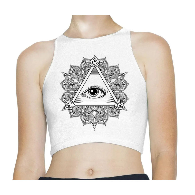 All Seeing Eye in Triangle Mandala Design Tattoo Hipster Sleeveless High Neck Crop Top M