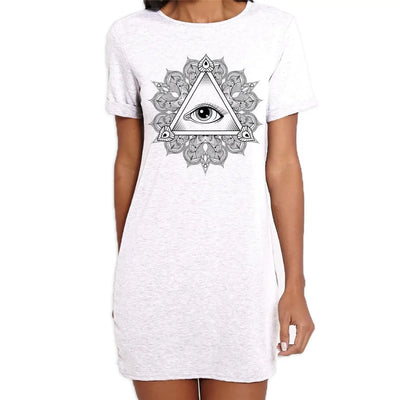 All Seeing Eye in Triangle Mandala Design Tattoo Hipster Large Print Women's T-Shirt Dress Large