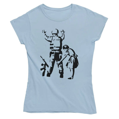 Banksy Girl Frisks Soldier Ladies T-Shirt - XL / Light Blue