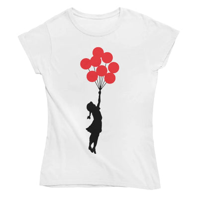 Banksy Girl With Red Balloons Ladies T-Shirt - XL / White -