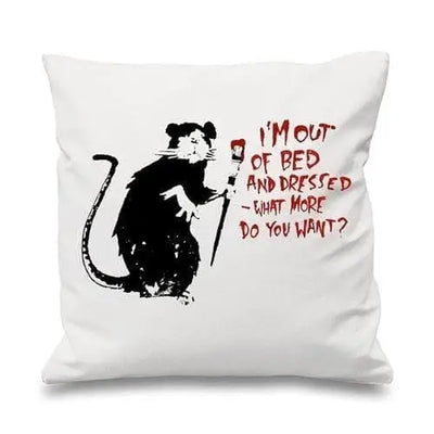 Banksy I'm Out Of Bed And Dressed Rat Cushion White