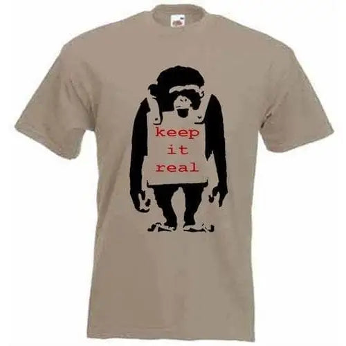 Banksy Keep It Real Monkey Mens T-Shirt XL / Khaki