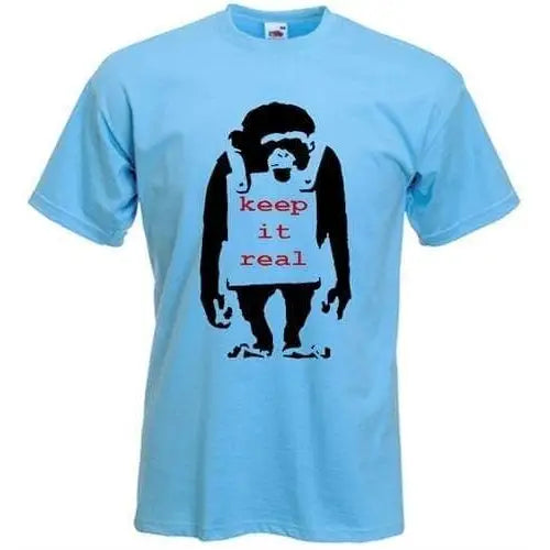 Banksy Keep It Real Monkey Mens T-Shirt XL / Light Blue