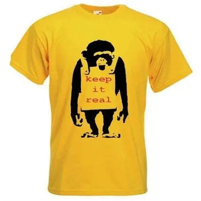 Banksy Keep It Real Monkey Mens T-Shirt XL / Yellow