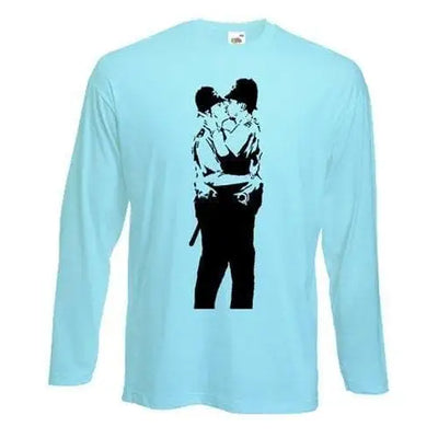 Banksy Kissing Coppers Long Sleeve T-Shirt M / Light Blue