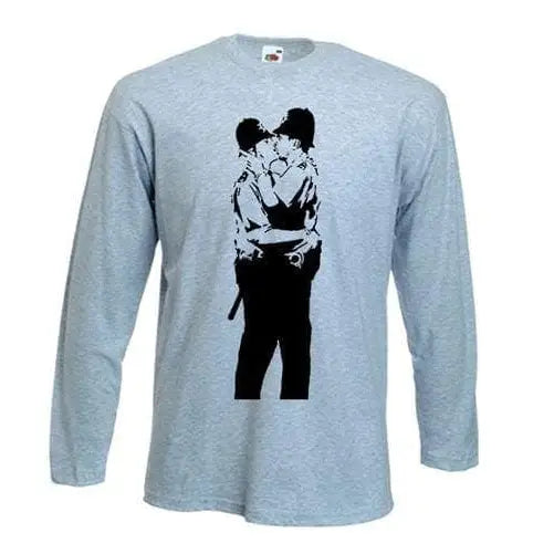Banksy Kissing Coppers Long Sleeve T-Shirt M / Light Grey