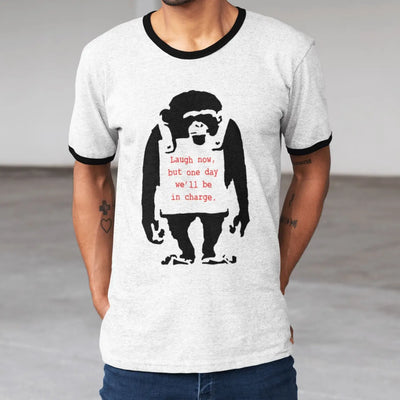 Banksy Laugh Now Monkey Contrast Ringer T-Shirt