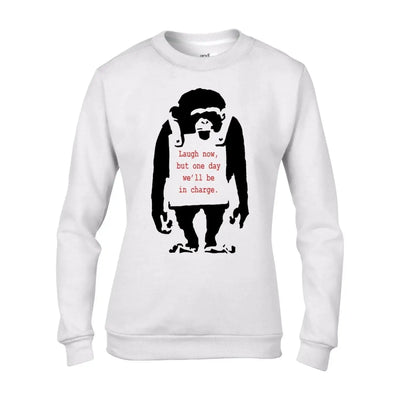 Banksy Laugh Now Monkey Graffiti Women's Sweatshirt Jumper M / White