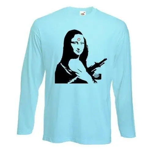 Banksy Machine Gun Mona Lisa Long Sleeve T-Shirt L / Light Blue