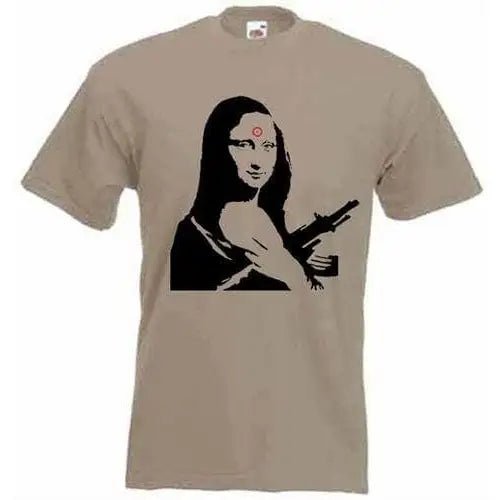 Banksy Mona Lisa With Machine Gun Mens T-Shirt M / Khaki