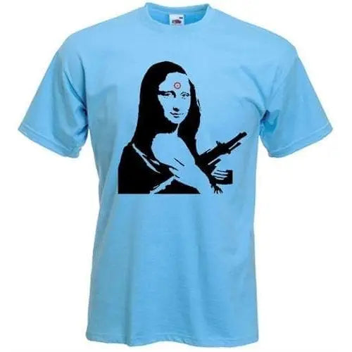 Banksy Mona Lisa With Machine Gun Mens T-Shirt M / Light Blue