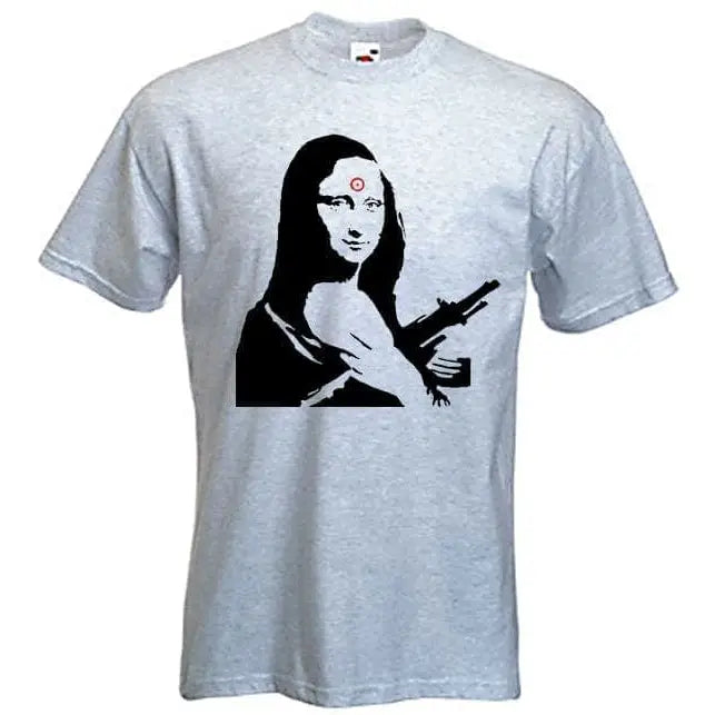 Banksy Mona Lisa With Machine Gun Mens T-Shirt M / Light Grey