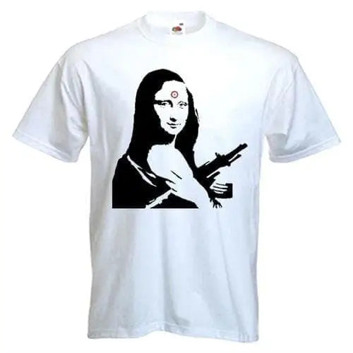 Banksy Mona Lisa With Machine Gun Mens T-Shirt M / White
