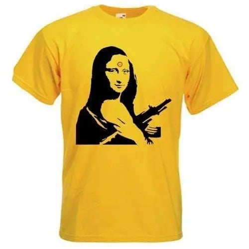 Banksy Mona Lisa With Machine Gun Mens T-Shirt M / Yellow