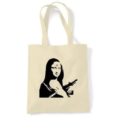 Banksy Mona Lisa With Machine Gun Shoulder bag Cream
