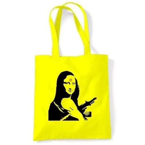 Banksy Mona Lisa With Machine Gun Shoulder bag Yellow