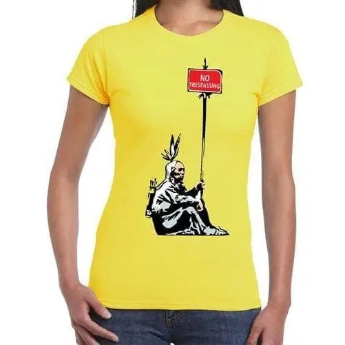 Banksy No Trespassing Indian Ladies T-Shirt M / Yellow