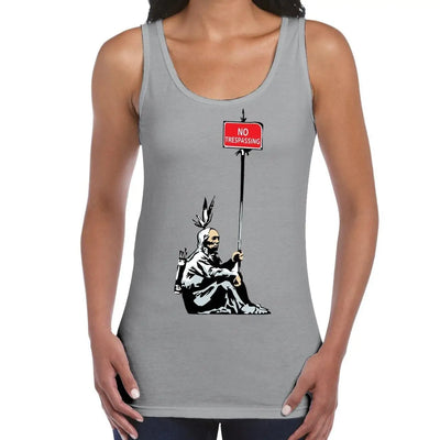 Banksy No Trespassing Native Indian Women's Tank Vest Top XXL / Light Grey