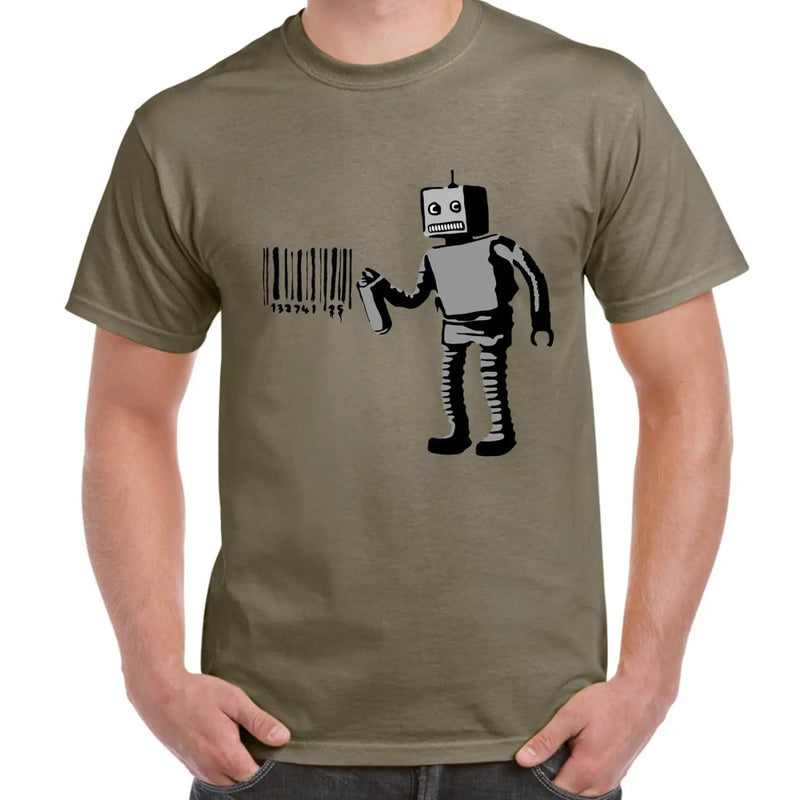 Banksy Robot Barcode Mens T-shirt S / Khaki