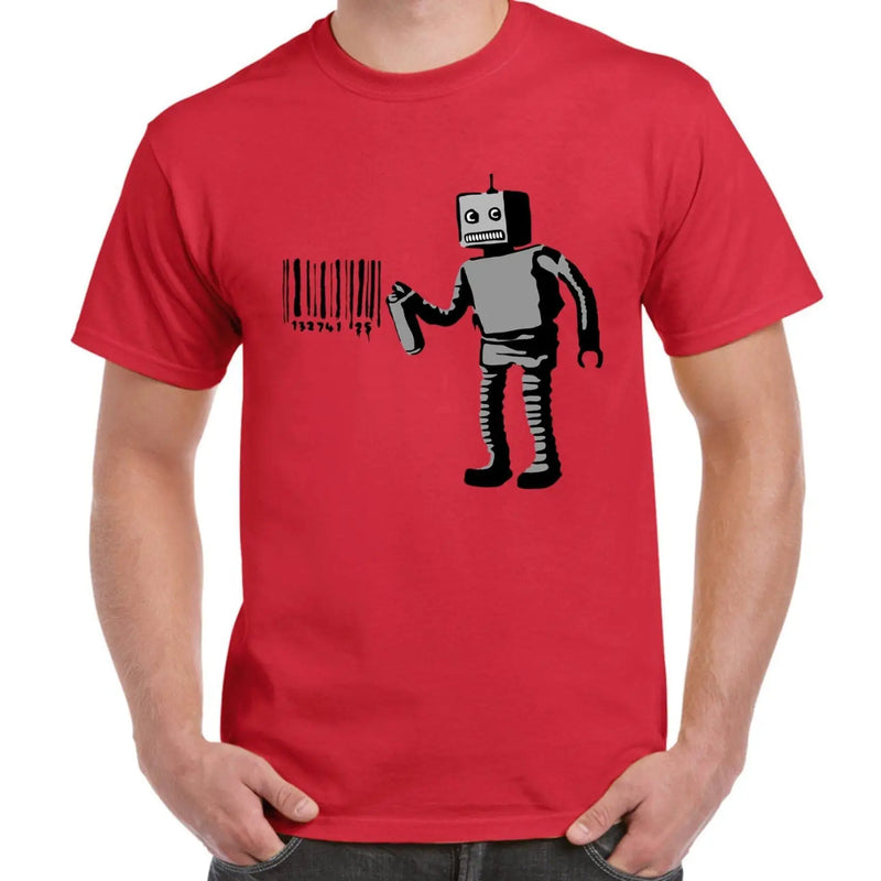 Banksy Robot Barcode Mens T-shirt S / Red