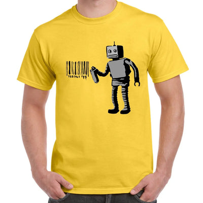 Banksy Robot Barcode Mens T-shirt S / Yellow