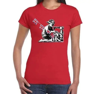 Banksy Slave Labour Sewing Machine Boy Ladies Tee XL / Red