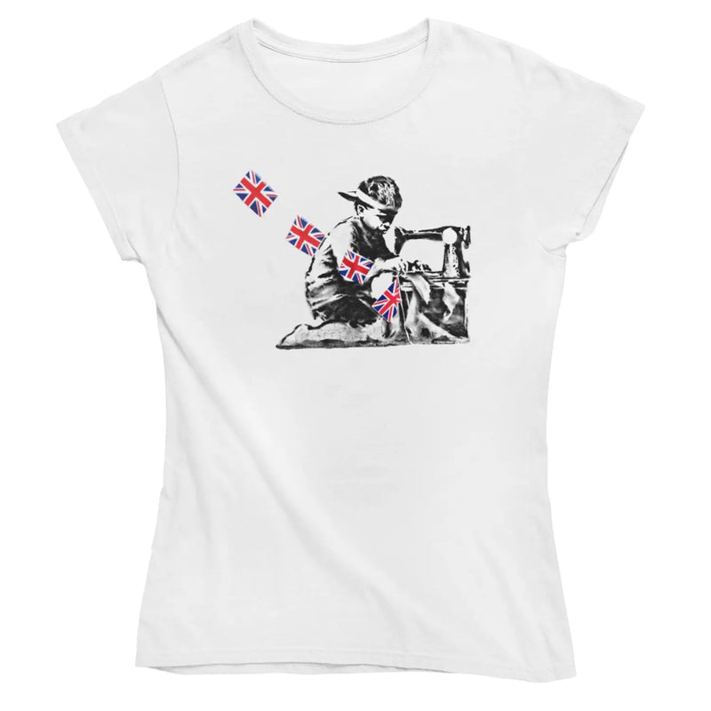 Banksy Slave Labour Sewing Machine Boy Ladies Tee XL / White