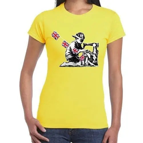 Banksy Slave Labour Sewing Machine Boy Ladies Tee XL / Yellow