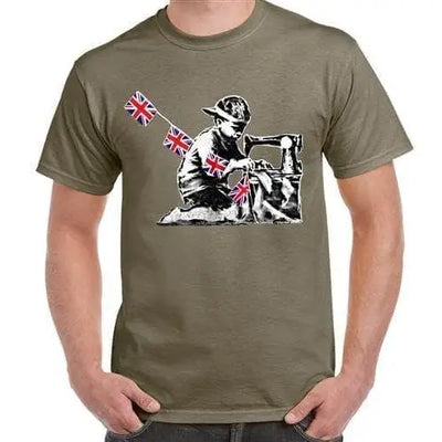 Banksy Slave Labour Sewing Machine Boy Men's T-Shirt L / Khaki
