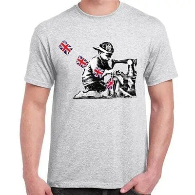 Banksy Slave Labour Sewing Machine Boy Men's T-Shirt L / Light Grey