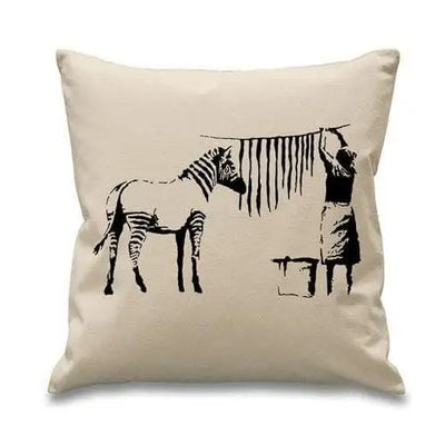 Banksy Washing And Hanging Zebra Stripes Cushion Cream