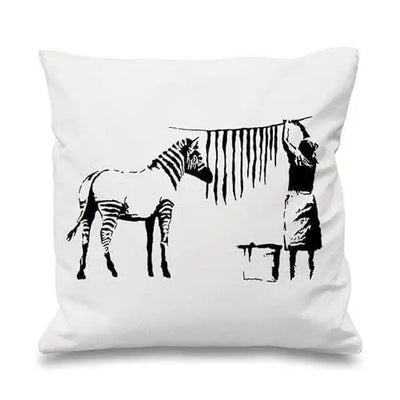 Banksy Washing And Hanging Zebra Stripes Cushion White