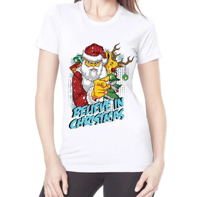 Believe In Christmas Bad Santa Claus Women's T-Shirt L