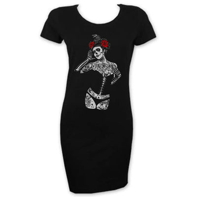 Black Crow Sugar Skull Girl Short Sleeve T-Shirt Dress L