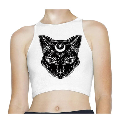 Black Witches Cat Moon Symbol Sleeveless High Neck Crop Top M / White