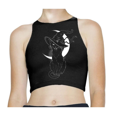 Black Witches Cat with Hat Halloween Womens Crop Top Large