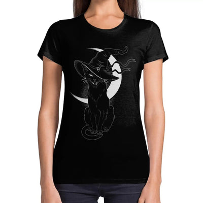 Black Witches Cat with Hat Halloween Women's T-Shirt Small