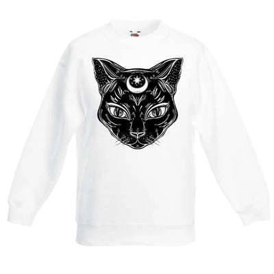 Black Witches Cat with Moon Symbol Children's Toddler Kids Sweatshirt Jumper 14-15 / White