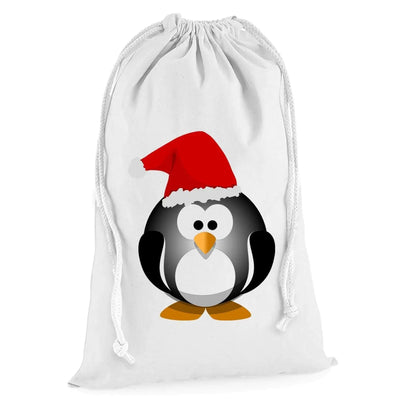 Cartoon Christmas Penguin with Santa Hat Presents Stocking Drawstring Sack