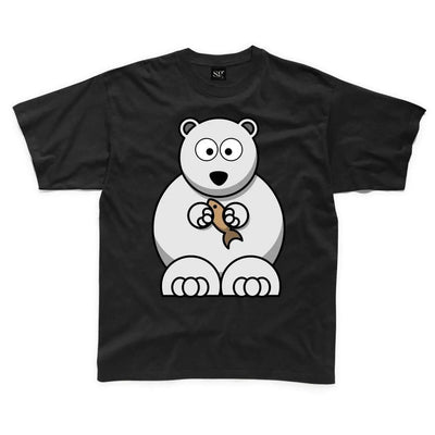 Cartoon Polar Bear with Fish Children's Unisex T Shirt 7-8 / Black