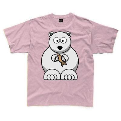 Cartoon Polar Bear with Fish Children's Unisex T Shirt 7-8 / Light Pink