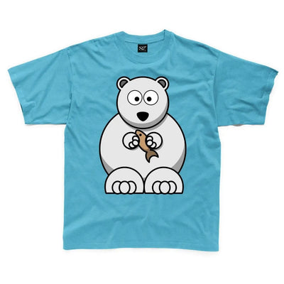 Cartoon Polar Bear with Fish Children's Unisex T Shirt 7-8 / Sapphire Blue