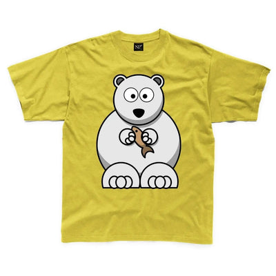 Cartoon Polar Bear with Fish Children's Unisex T Shirt 7-8 / Yellow