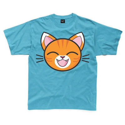 Cartoon Tabby Cat Ginger Kitten Children's Unisex T Shirt 7-8 / Sapphire Blue