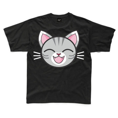 Cartoon Tabby Cat Grey Kitten Children's Unisex T Shirt 7-8 / Black