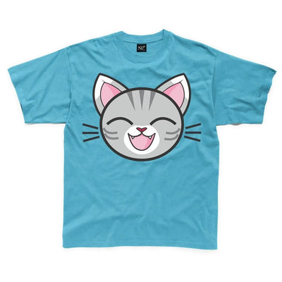 Cartoon Tabby Cat Grey Kitten Children's Unisex T Shirt 7-8 / Sapphire Blue