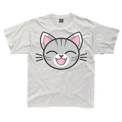Cartoon Tabby Cat Grey Kitten Children's Unisex T Shirt 7-8 / White