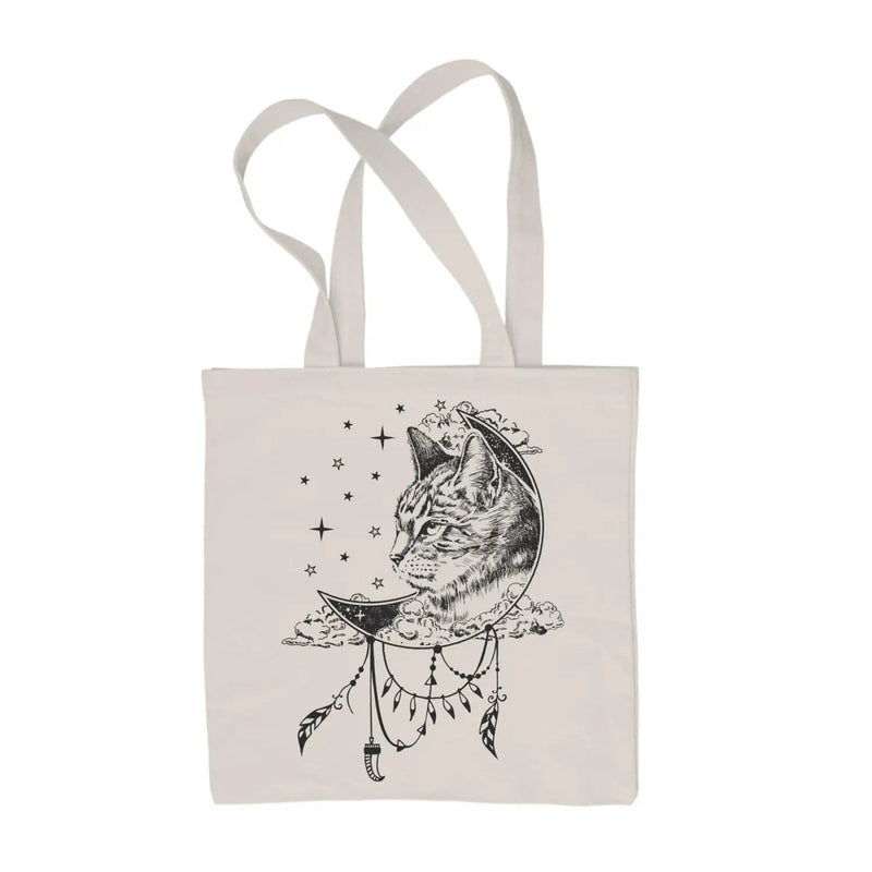 Cat Dreamcatcher Native American Tattoo Hipster Large Print Tote Shoulder Shopping Bag Cream